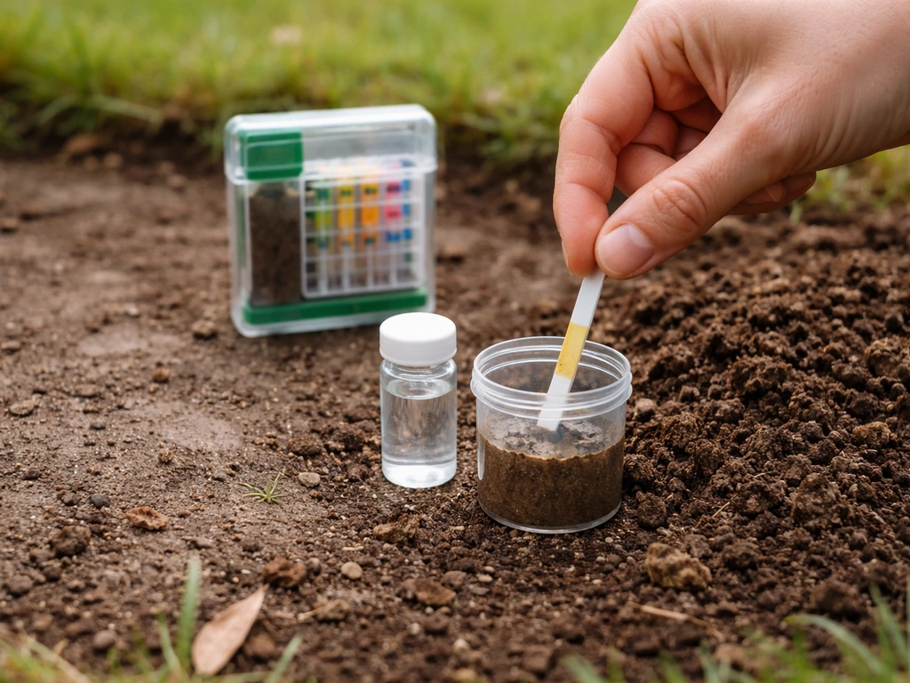 Main tenant une bandelette de test de pH sur terre, à côté d’un kit, avec sol compacté et ameubli visibles.