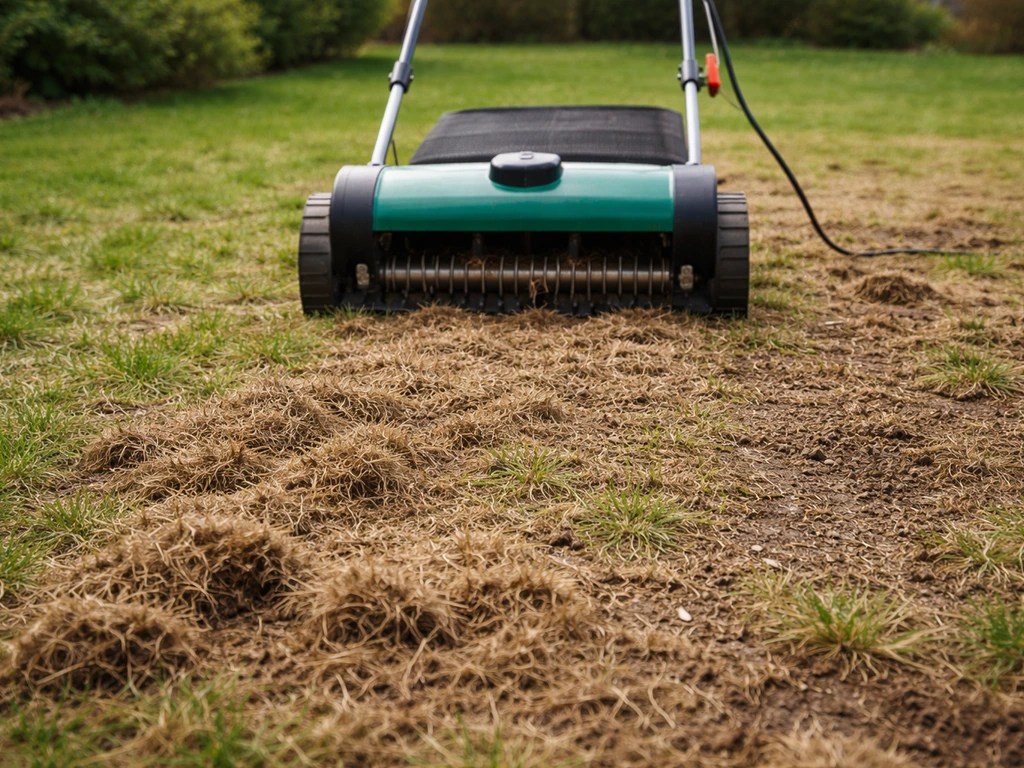 Scarificateur sur une pelouse abîmée, feutrage retiré et zones préparées pour regarnissage