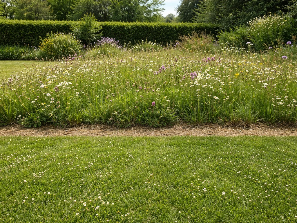 Jardin français avec transition nette entre gazon fleuri dense et prairie fleurie haute et colorée.