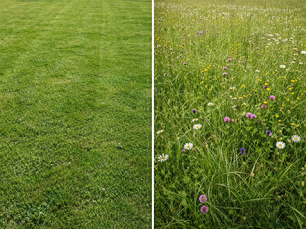 À gauche pelouse courte à dominante graminées, à droite prairie fleurie haute et diversifiée, vue côte à côte.