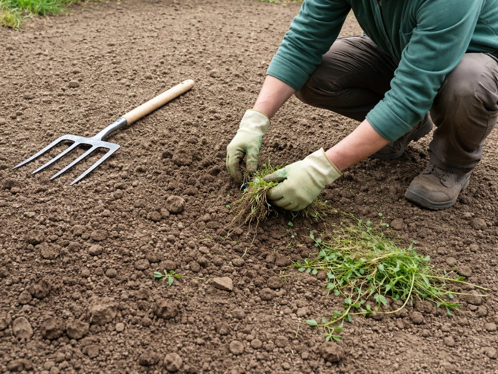 Jardinier anonyme arrachant des herbes adventices sur une terre retournée, avec un outil de jardin à côté.