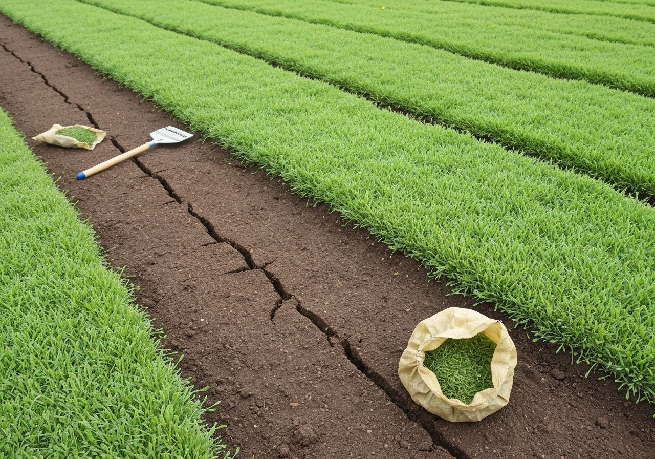 Pelouse rénovée : zones scarifiées et démoussées avec nouvelle herbe dense, tonte et arrosage visibles.