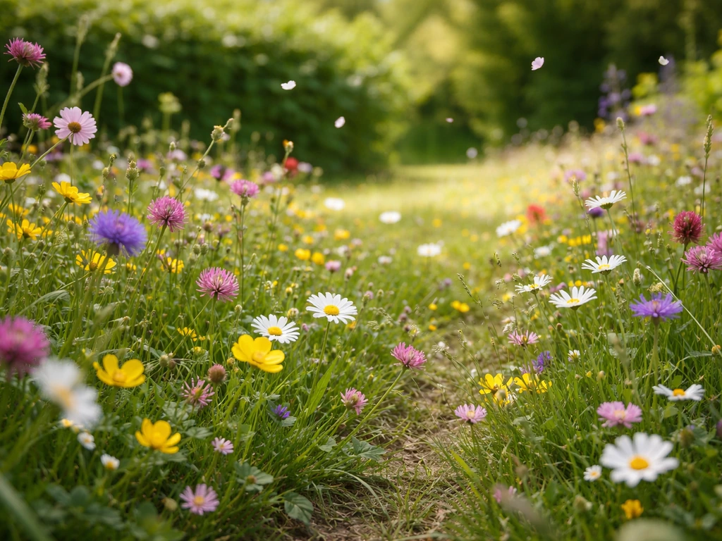 Gazon de fleurs sauvages en pleine floraison, diverses fleurs et graminées dans un jardin naturel.