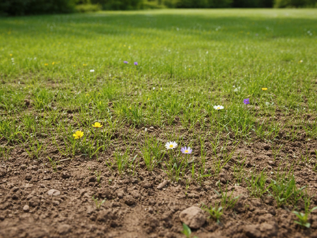 Semis récent de gazon de fleurs sauvages, beaucoup de verdure et premières petites taches florales.