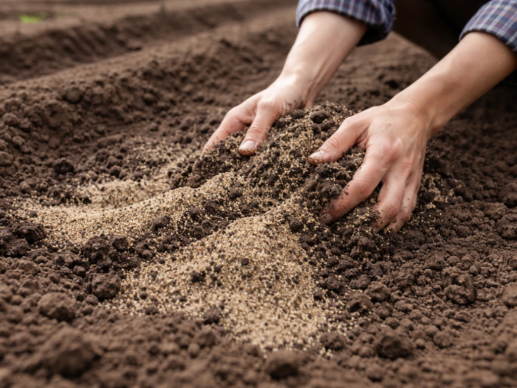 Main étalant un mélange de sable grossier et terre dans un potager, sol bien travaillé et drainant.