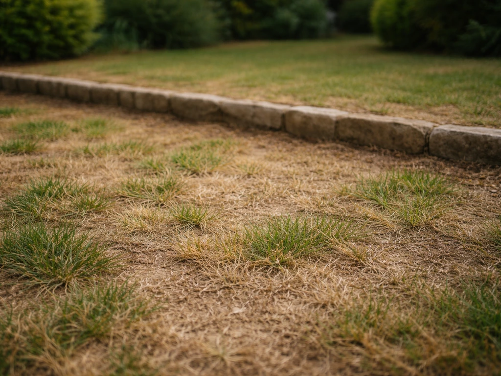 Pelouse partiellement jaunie et brunie près d’une bordure de jardin, vue proche du sol, avant rénovation.