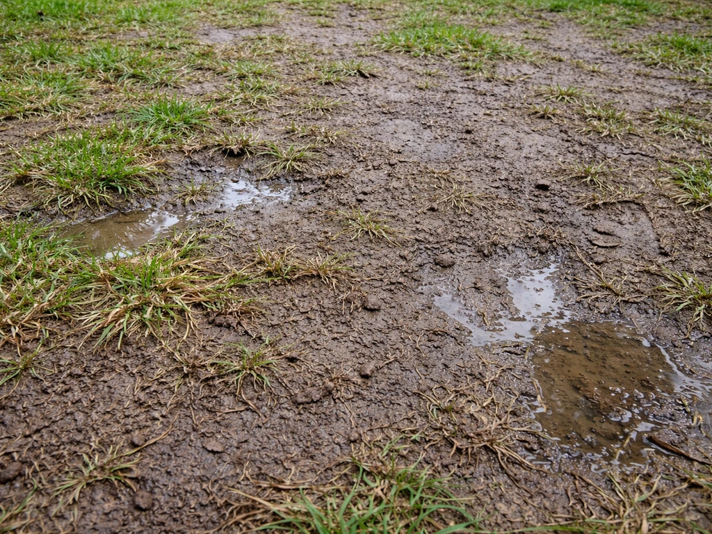 Gazon piétiné avec sol tassé et feutre, zones sombres où l’eau stagne légèrement.