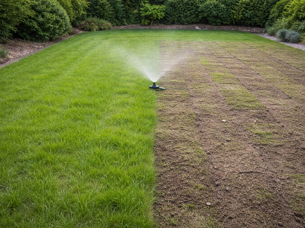 Pelouse rénovée : bande regarnie/surée en bord et zone avec plaques, avec arrosage au démarrage