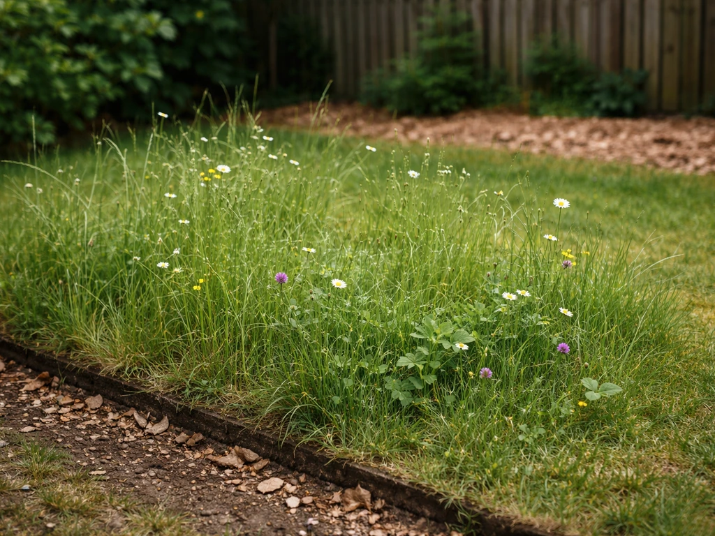 Petite parcelle de gazon sauvage fleuri dans un jardin français, bordure nette et herbes hautes.