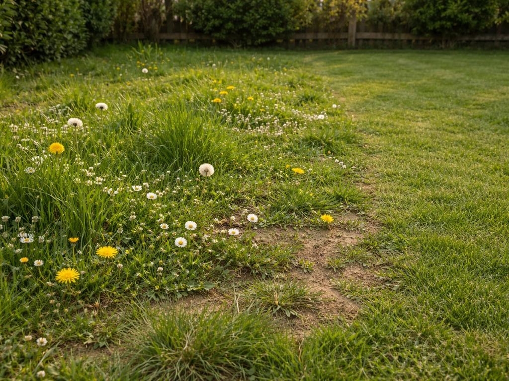 Zone de gazon sauvage avec fleurs et herbes spontanées, contrastée par une pelouse tondue rase à côté.
