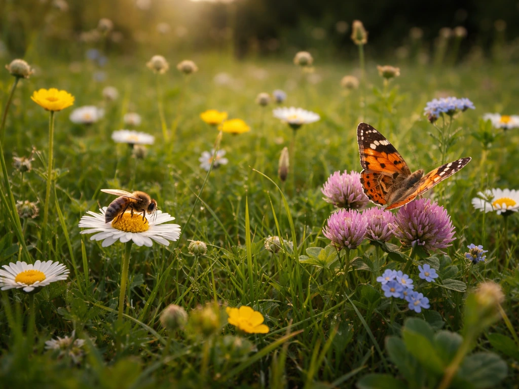 Zone de gazon sauvage avec fleurs et pollinisateurs (abeille et papillon) sur fond de jardin naturel.