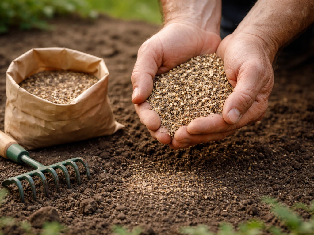 Gros plan de graines et d’outils de jardin, mains qui sèment des semences de prairie.