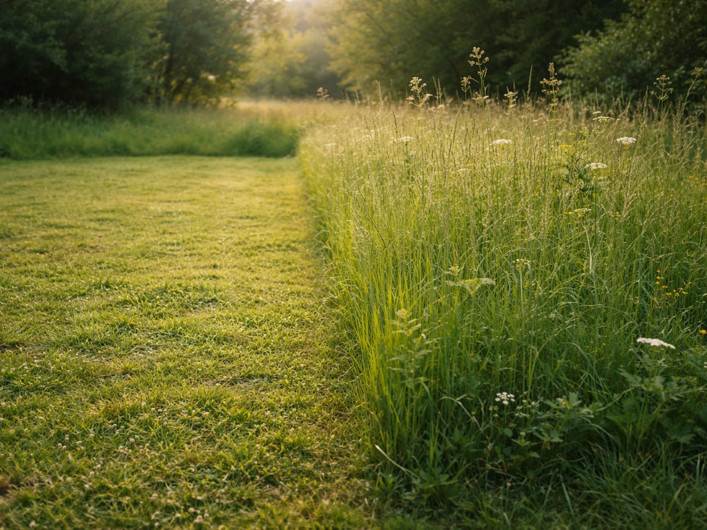 Jardin avec deux hauteurs d’herbe : une zone fauchée plus court et une autre laissée plus haute, bord net.
