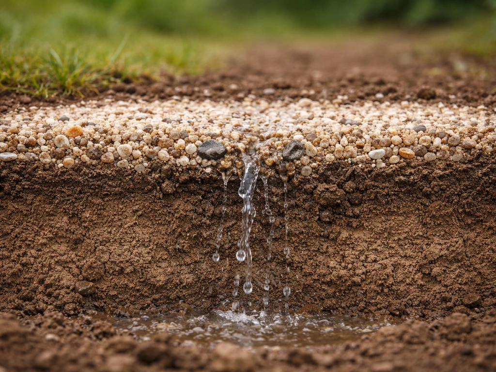 Sol sableux et gravillons avec eau qui s’infiltre, illustrant le drainage d’un gazon.