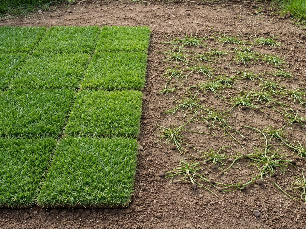 Deux carrés de Cynodon côte à côte : plaques de gazon vs stolons/rhizomes en vrac, vue rapprochée.