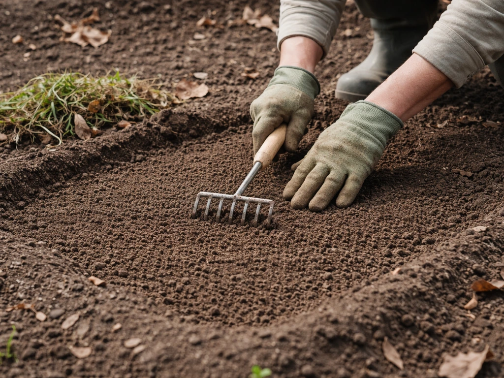 Mains anonymes ratissant une terre désherbée, surface prête pour semer dans un petit carré de jardin.