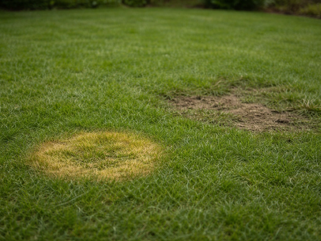 Pelouse avec plaques rondes jaunies par urine et zones dénudées dues au piétinement, chien non visible.