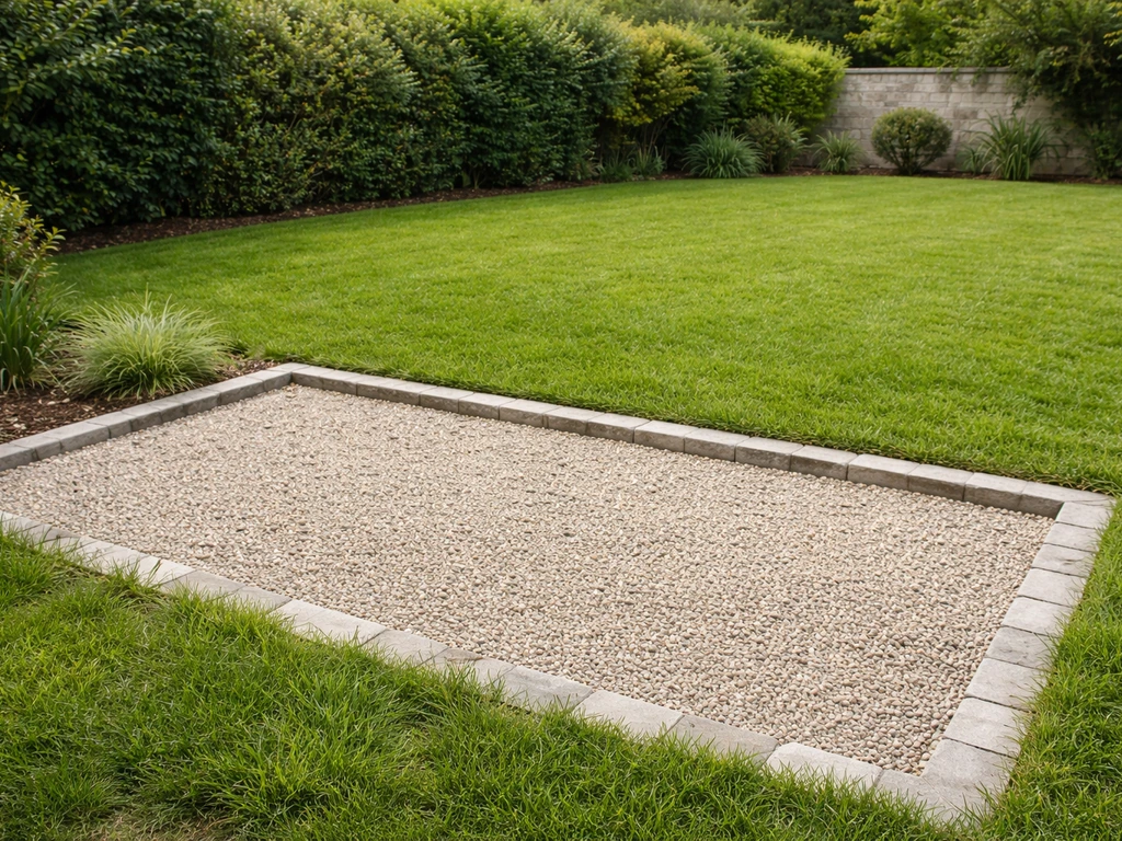 Jardin avec une zone dédiée au chien en gravillons délimités, séparée d’une pelouse verte