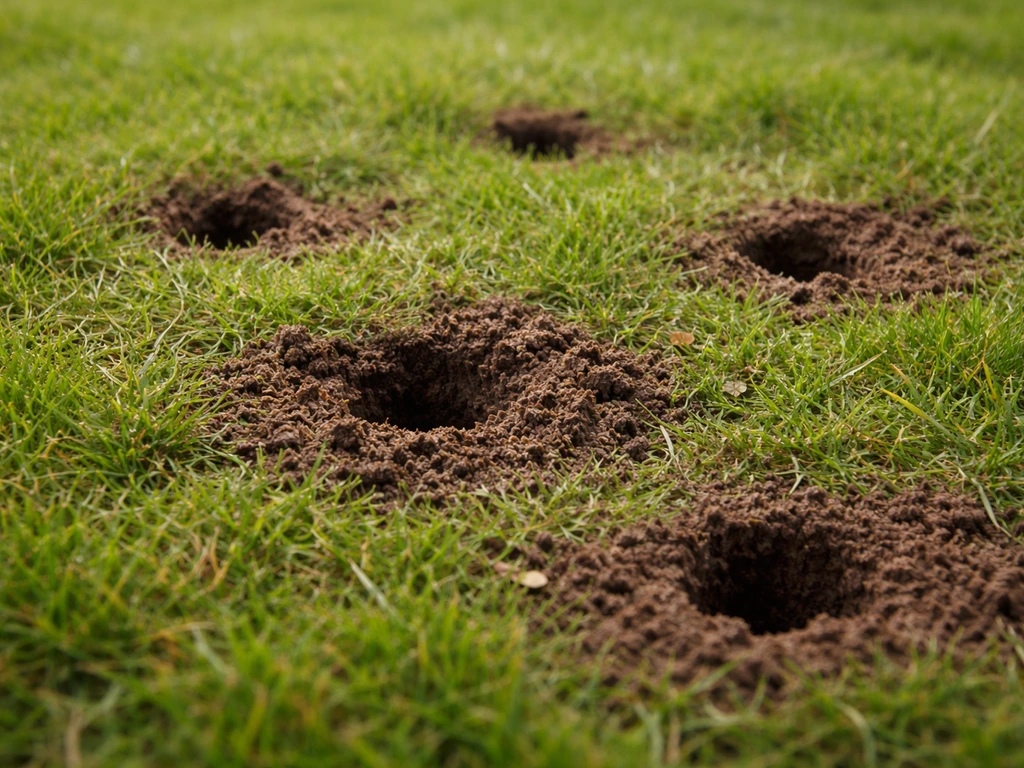 Gros plan sur de petits trous ronds dans une pelouse, sol retourné, traces d’activité d’oiseaux.