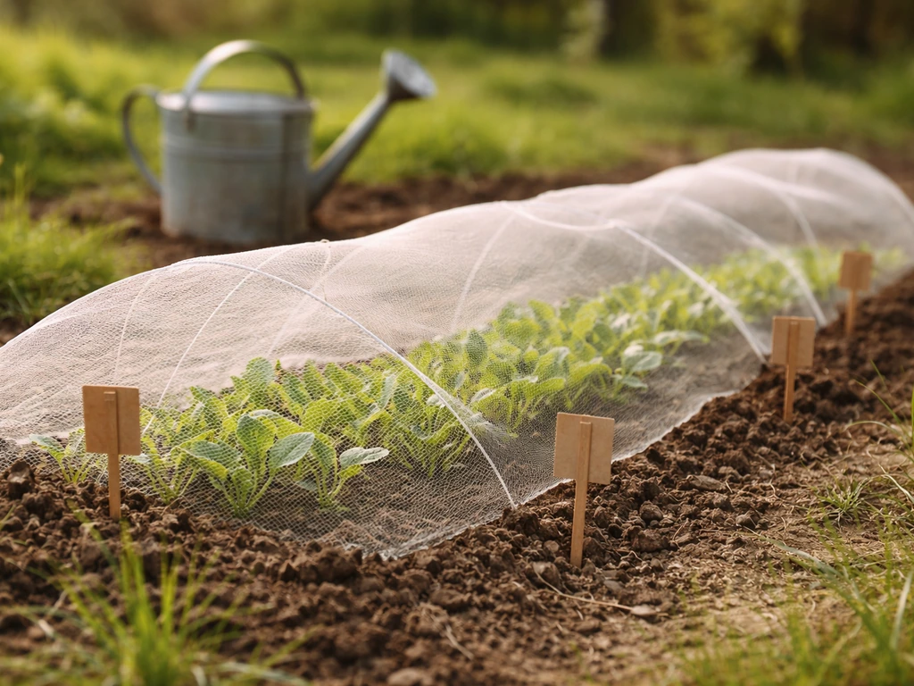Petit jardin au printemps avec semis sous filets et arrosoir, ambiance de plan d’action saisonnier.