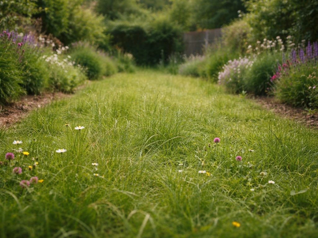 Jardin français avec graminées rustiques au ton naturel et quelques fleurs, aspect sauvage sans pelouse rase