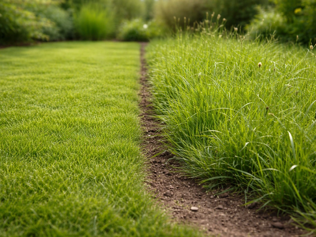 Deux zones d’herbe : pelouse tondue courte à gauche et gazon sauvage plus haut et irrégulier à droite.