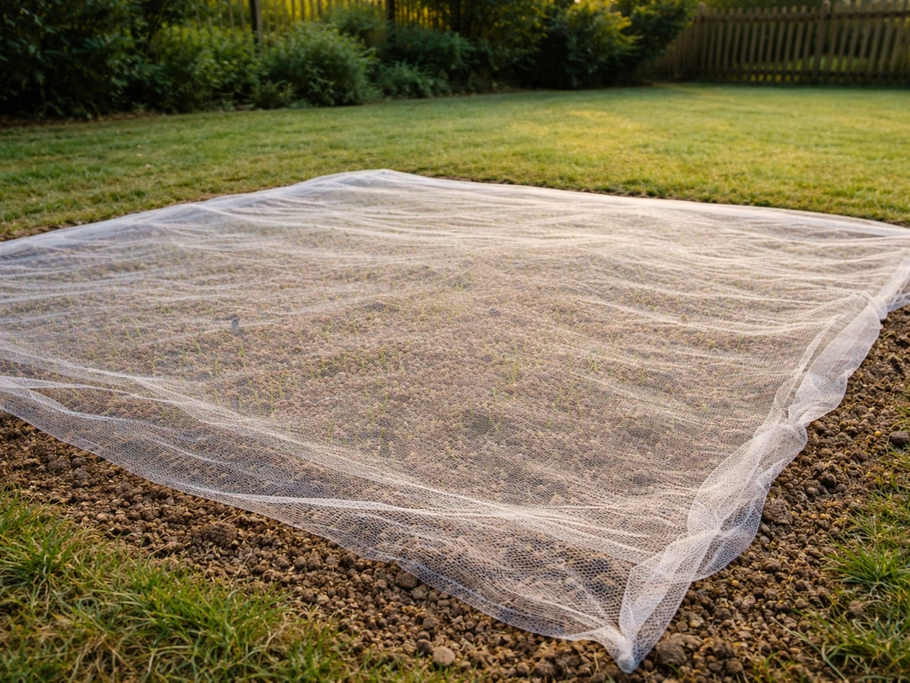 Gazon fraîchement semé dans un jardin français, recouvert d’un voile anti-oiseaux, proche de la germination.