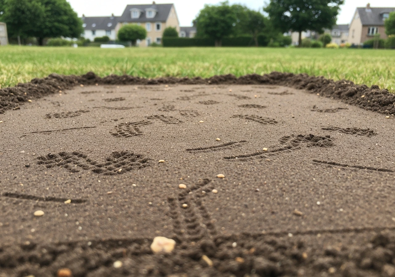 Sol fraîchement remué après semis, graines visibles au ras du sol, traces suggérant l’activité des oiseaux.