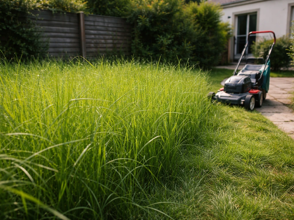 Pelouse de jardin trop haute avec brins d’herbe visibles et tondeuse à proximité, dans une résidence en France.