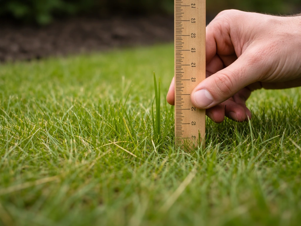 Main tenant une règle près du gazon pour mesurer la hauteur, pelouse terne avec zones inégales visibles