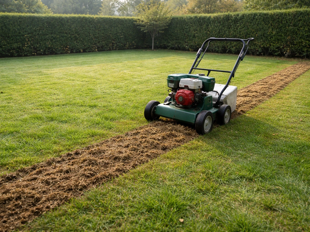 Scarificateur sur une pelouse, sillons visibles et zones prêtes pour aération et sursemis.