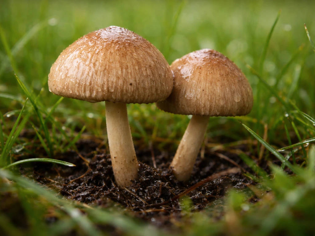 Gros plan de champignons au pied d’un gazon, chapeau et base visibles près de l’herbe