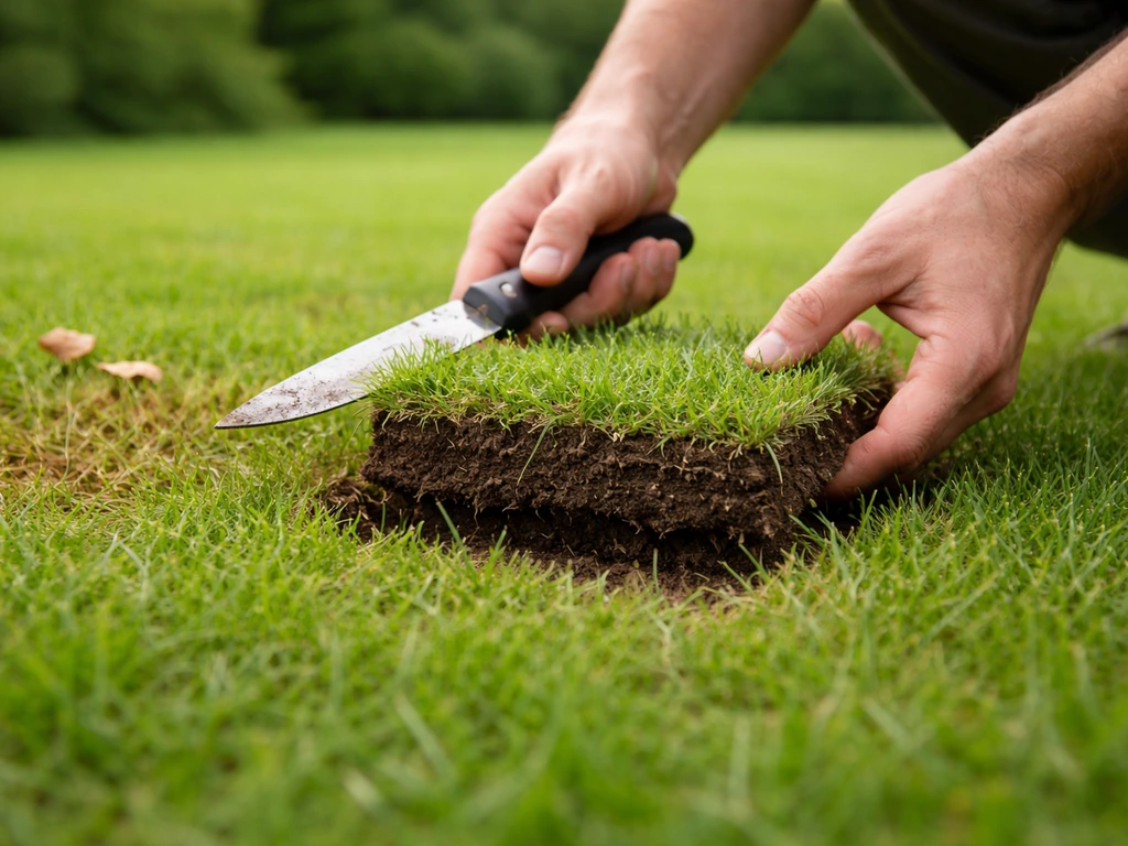Jardinier coupe un petit bloc de gazon au couteau pour examiner une zone brunâtre avec des champignons.