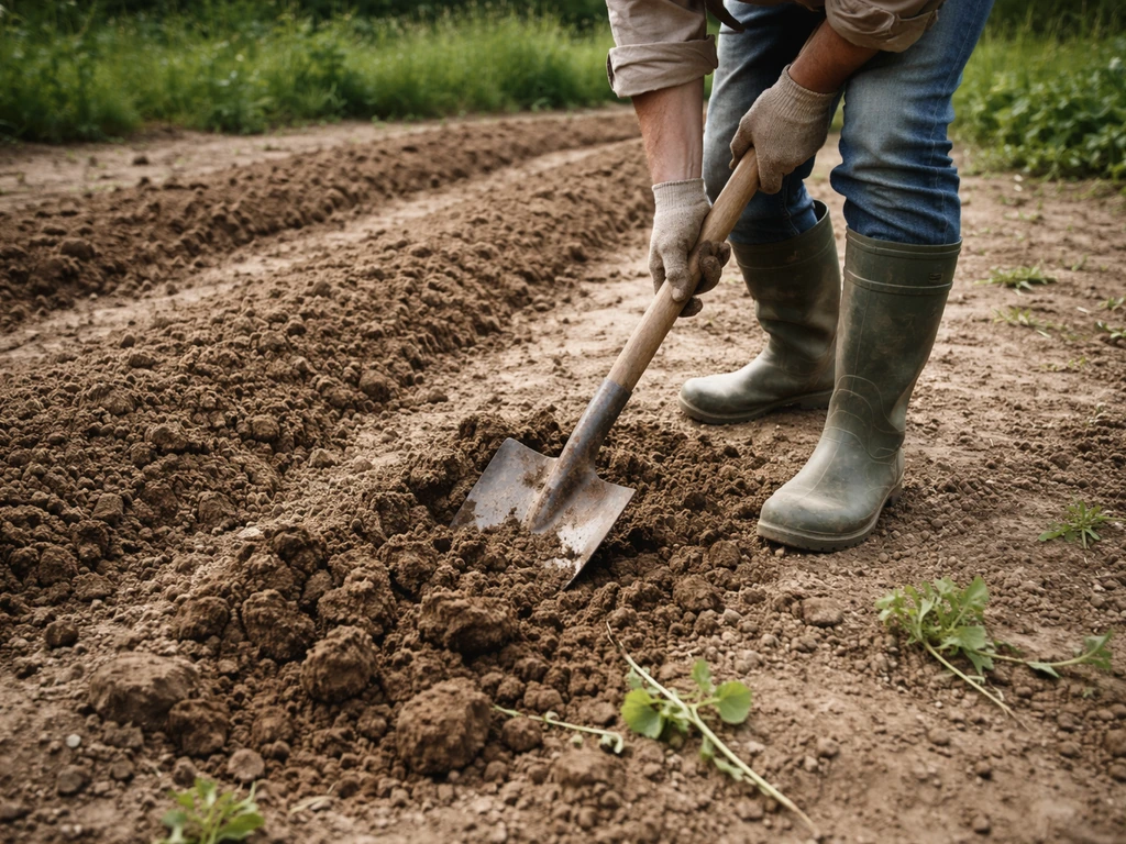 Jardinier utilisant une bêche pour retourner la terre et enlever les mauvaises herbes avant semis.