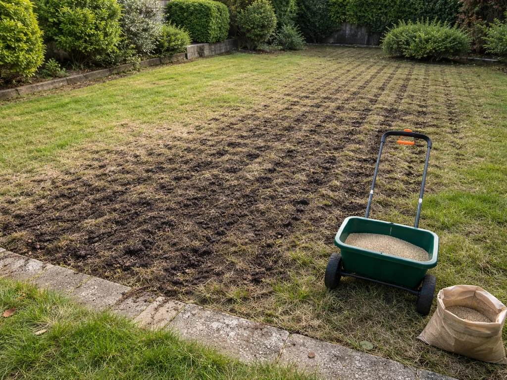 Jardin avec gazon clairsemé : scariﬁcation et aération visibles, regarnissage en cours sur le sol.