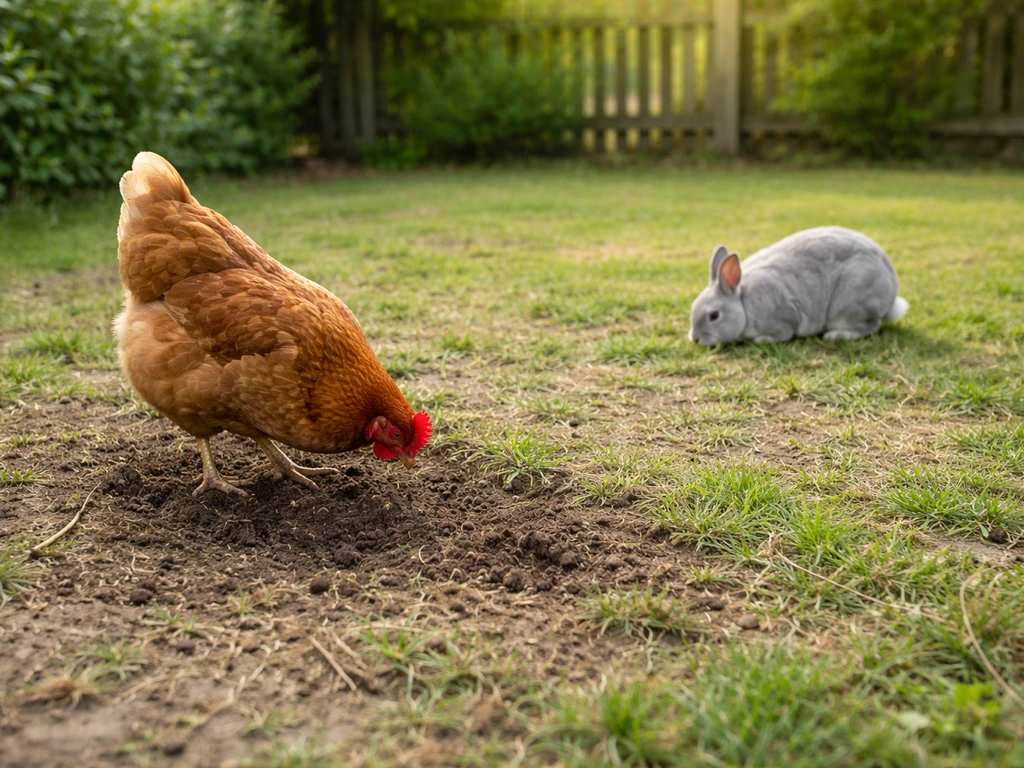 Une poule qui gratte la pelouse et un lapin qui broute ras, montrant deux zones de gazon abîmées.
