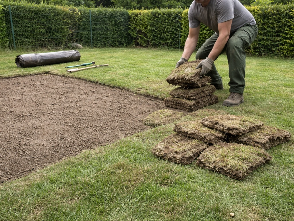 Ouvrier anonyme retire du gazon abîmé et prépare une zone du sol pour ressemage dans le jardin.