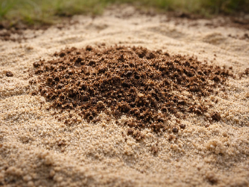 Gros plan d’un sol sableux granuleux avec terreau et compost étalés pour montrer l’amendement et la rétention.