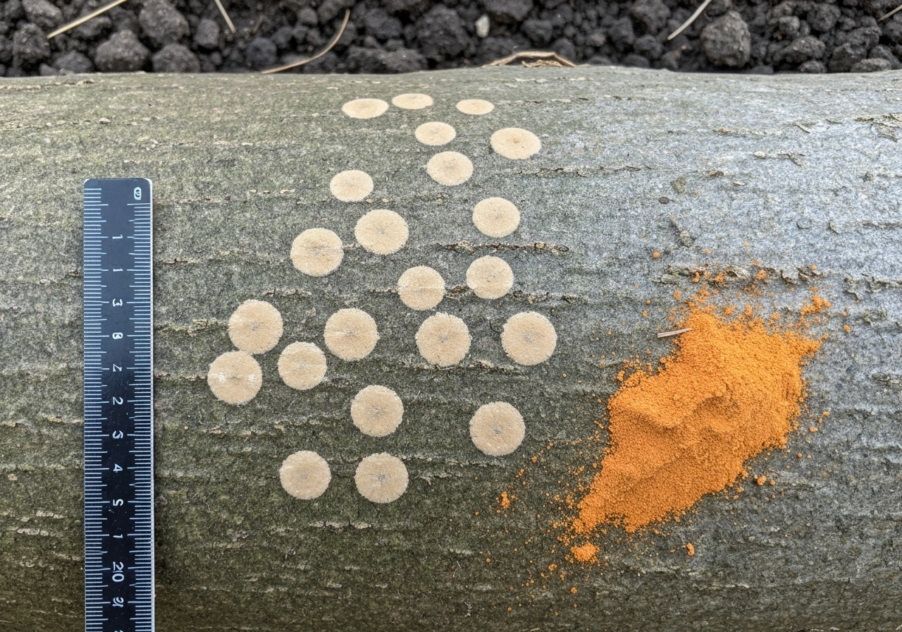 Gros plan sur gazon Cynodon avec taches beige clair et brins couverts d’une poudre orangée, échelle discrète.