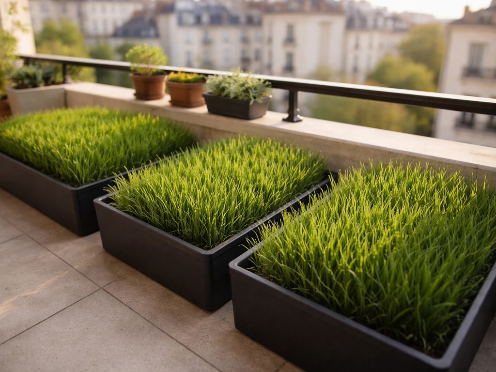 Balcon urbain français avec bacs de gazon naturel luxuriant, vue large montrant le résultat final.