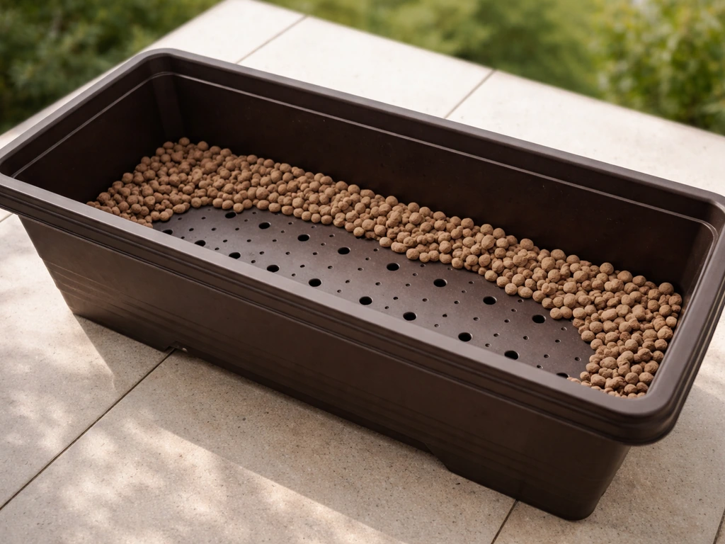 Bac de balcon prêt pour du gazon naturel, avec trous de drainage et couche de billes d’argile visibles.