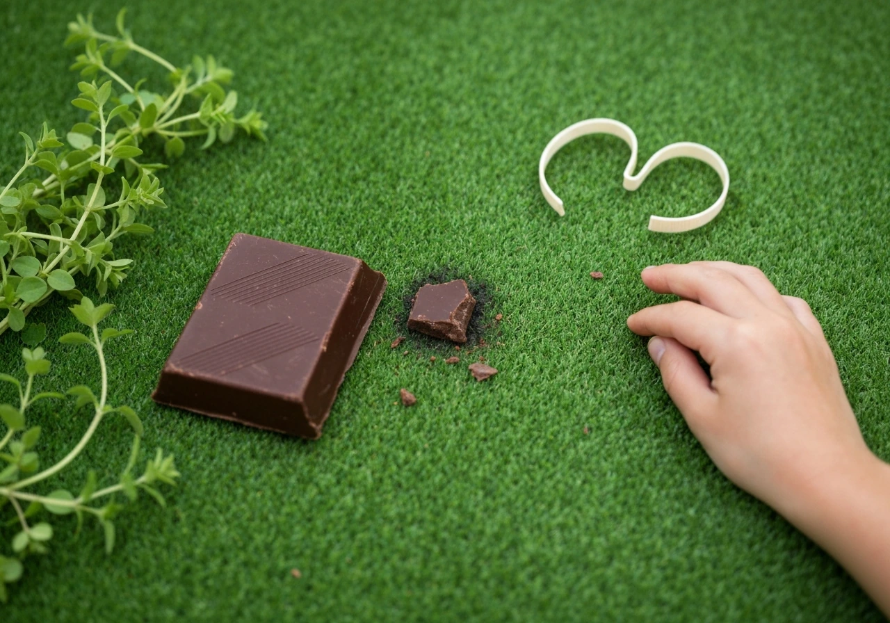 Chocolat au sol près d’une zone de pelouse abîmée, avec gants et petite pelle au second plan.