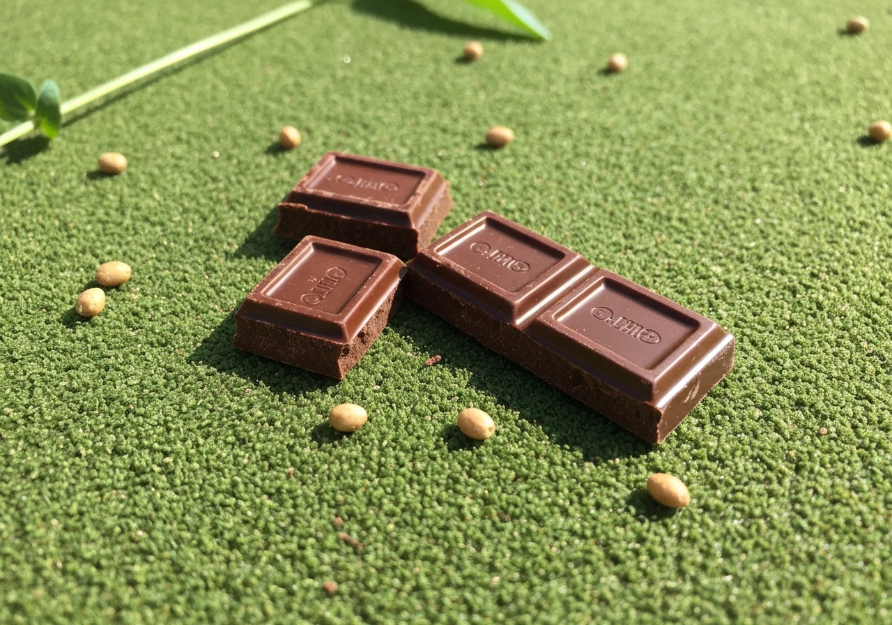 Morceaux de chocolat visibles sur une pelouse, texture détaillée et répartition au sol