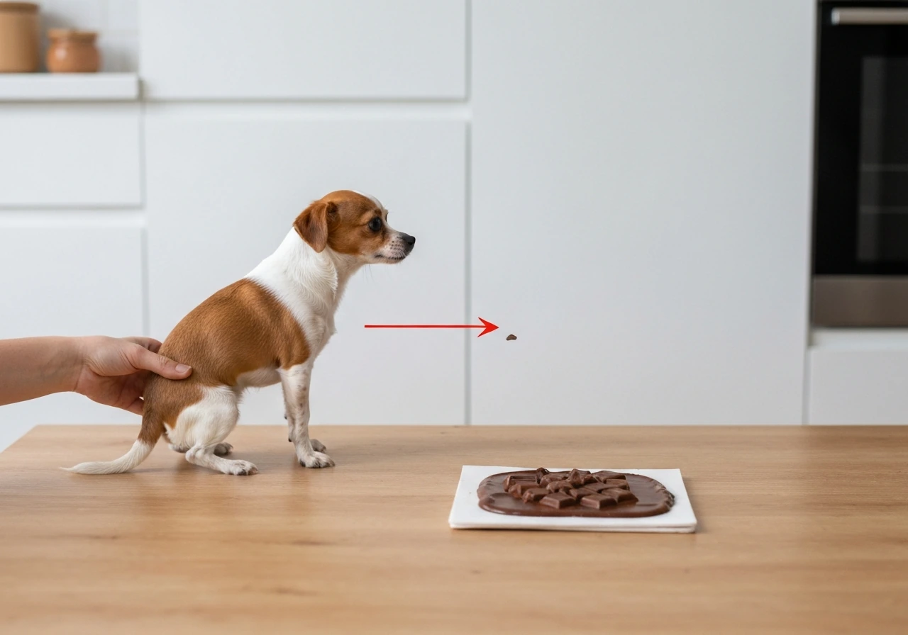 Petit chien tenu à distance d’un chocolat flouté, ambiance de prévention du risque de toxicité.