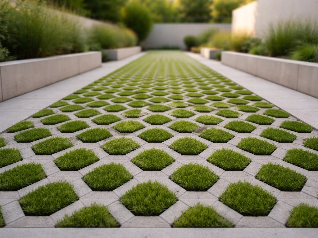 Allée avec dalles alvéolées engazonnées sur béton, alvéoles visibles et gazon bien dense entre les structures.