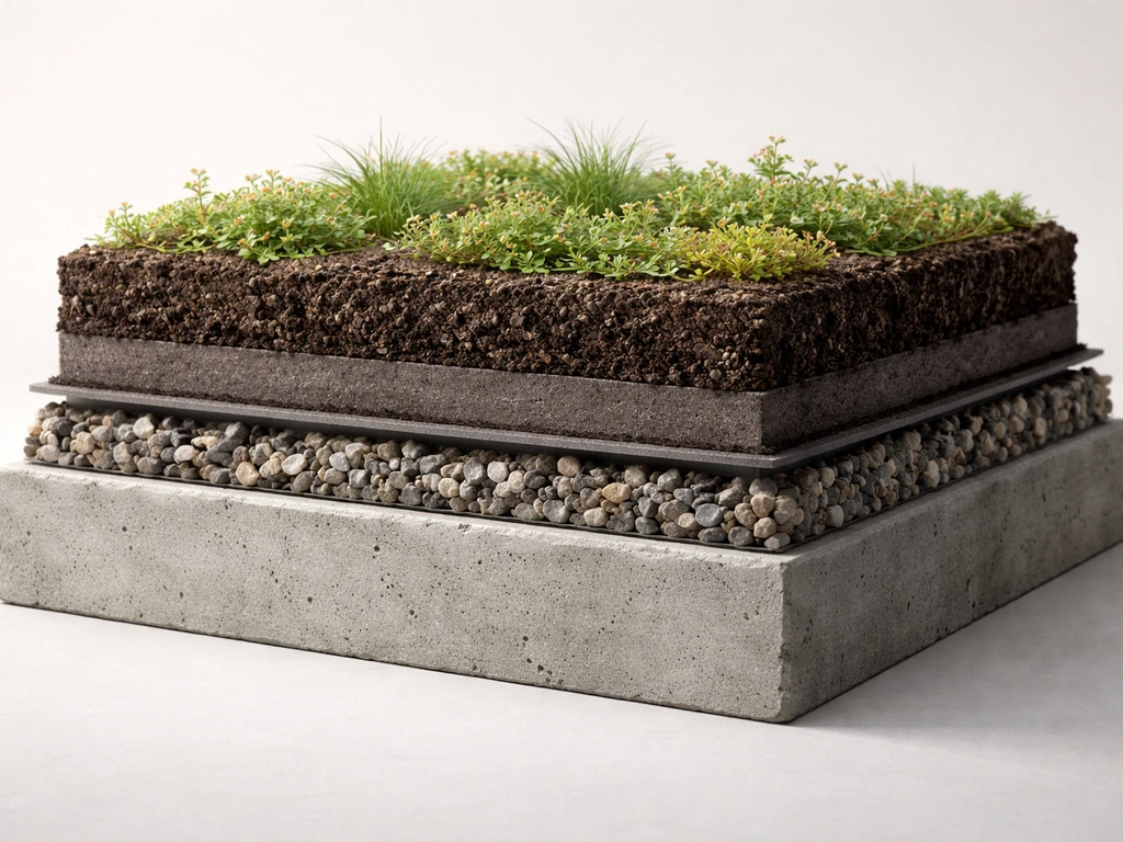 Coupe visuelle réaliste d’une dalle végétalisée en couches sur béton avec drainage, substrat et végétation.
