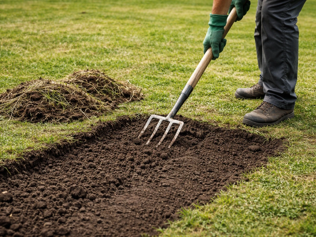 Jardinier anonyme grattant puis ameublissant une zone de pelouse jusqu’au sol nu, débris évacués.