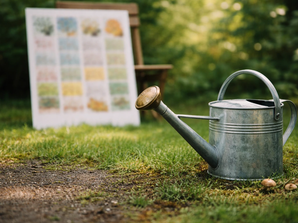 Arrosoir au premier plan, sol humide en surface et mousse qui commence dans un petit gazon, arrière-plan flou saisonnier