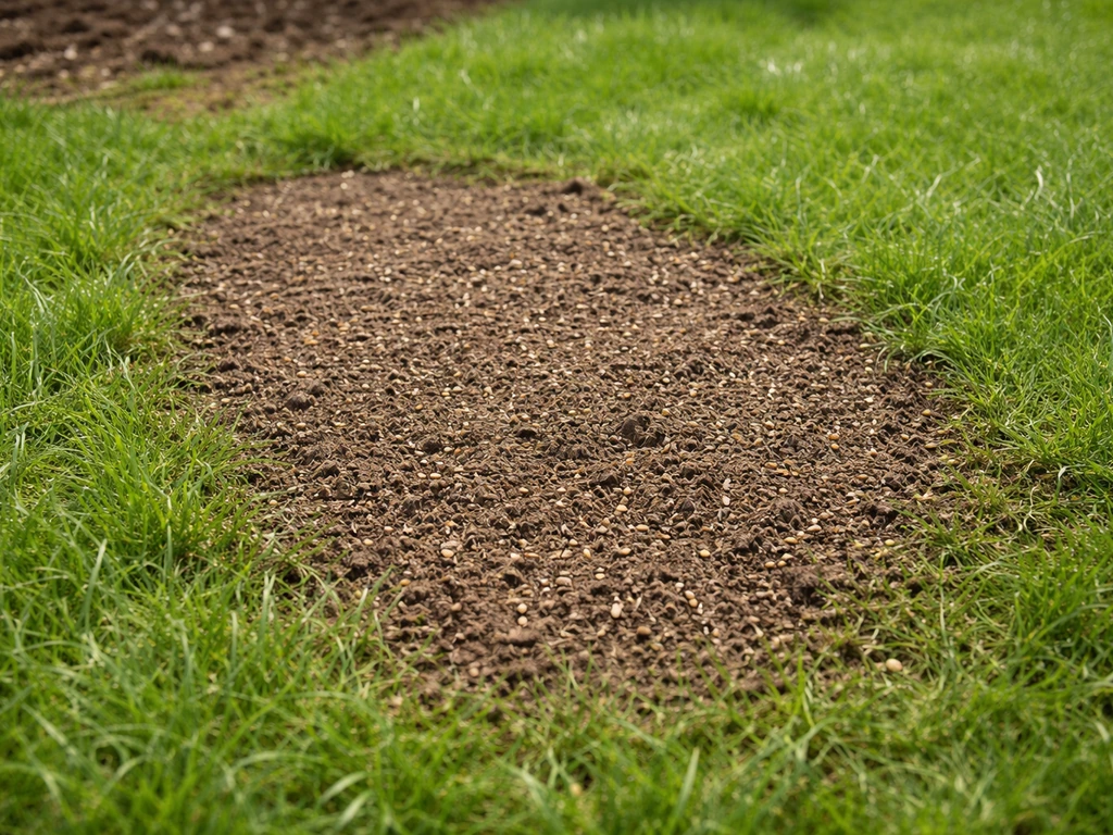Bande de pelouse comblée : terreau et réensemencement sur sol scarifié, pelouse verte autour.