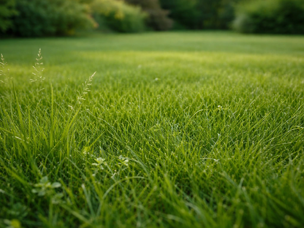 Gazon vivace dense et verdoyant dans un jardin français, brins d’herbe nets, lumière naturelle.